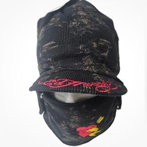 Ed Hardy Snow Black German Military Beanie Hat w/ Face Mask and Earphone Pockets